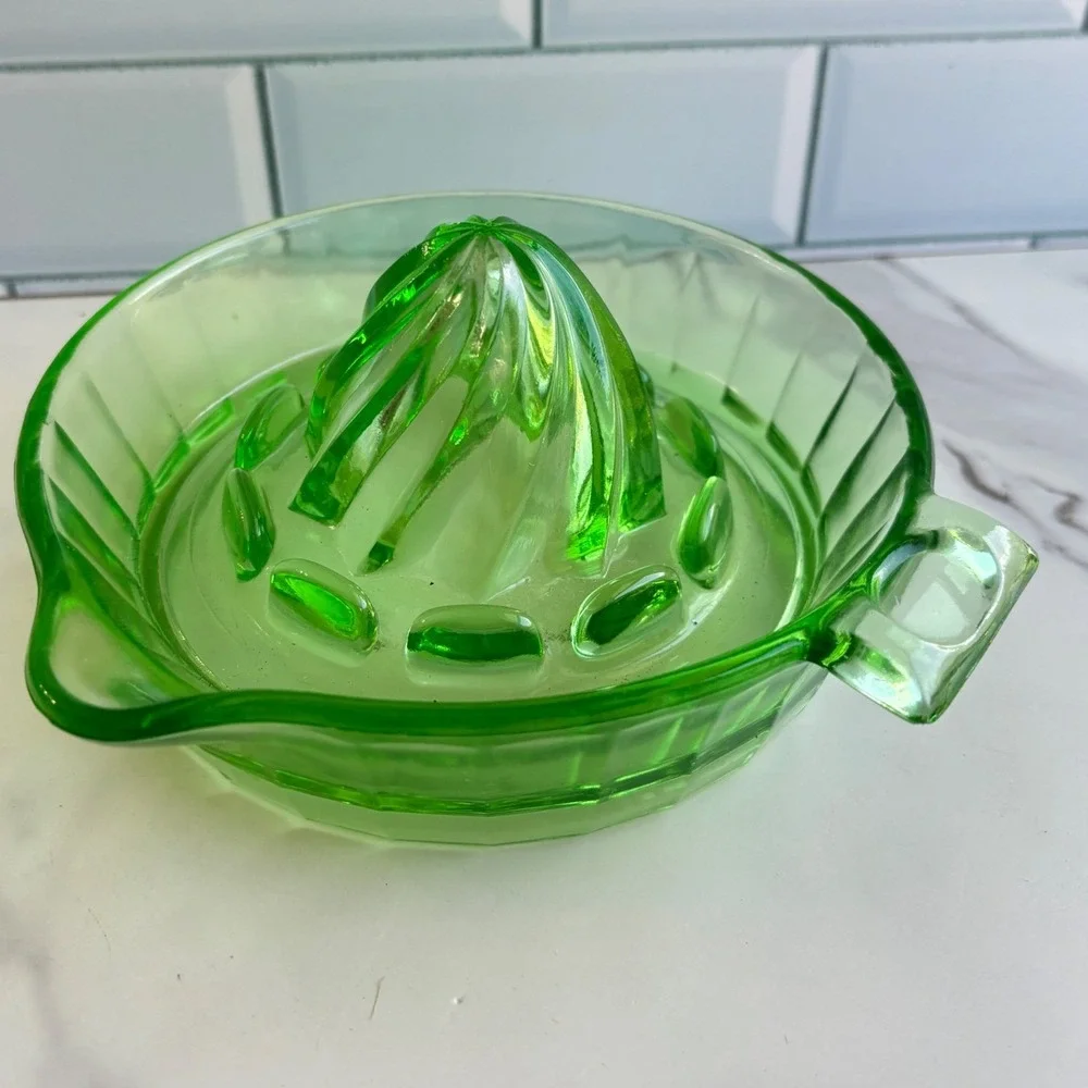 Vintage Green Uranium Glass GLOWS Citrus Juicer Reamer Pour Spout and Handle